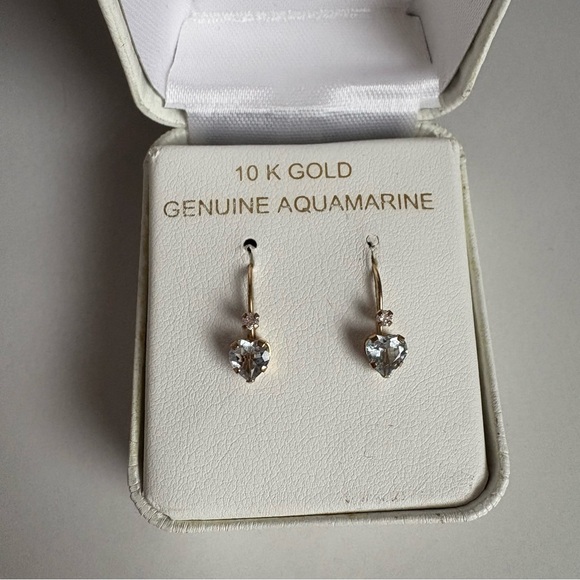 Gold Earrings with Aquamarine Heart - Picture 2 of 5